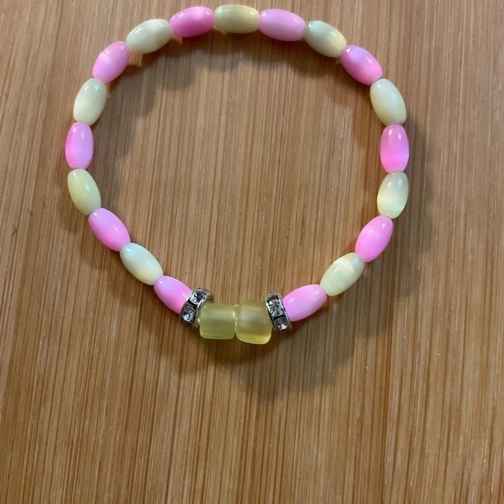 Hand Crafted Bracelet Pastel Cat’s Eye Beads Pink Yellow Rhinestone Stretch 5”